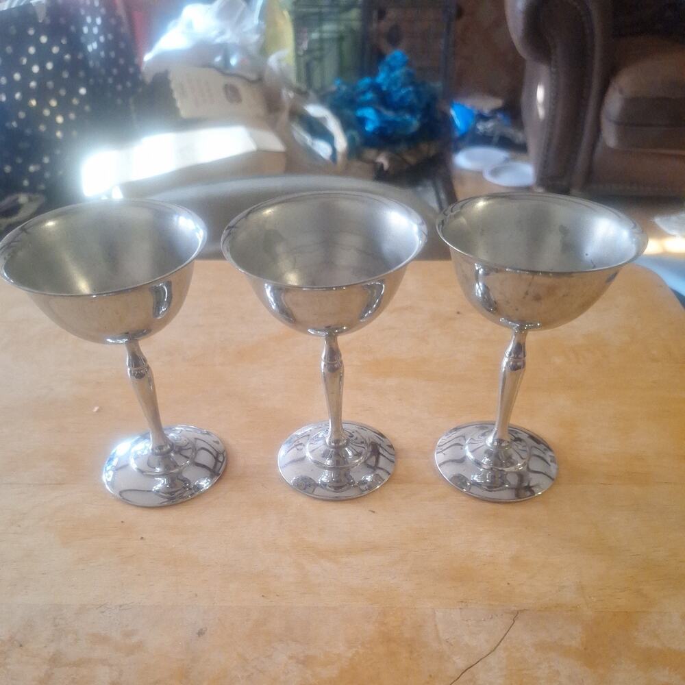 Vintage Stainless Steel wine sherry goblet glasses beautiful set of three